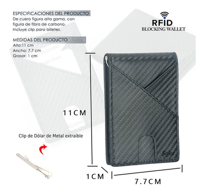 Cartera Billetera Piel Fibra Carbono Protección Rfid Clip