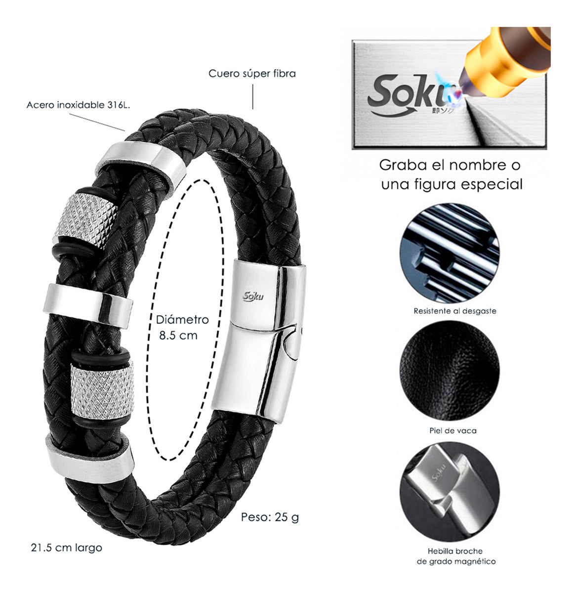 Soku Pulsera Personalizada Micro Piel Inoxidable Titanio