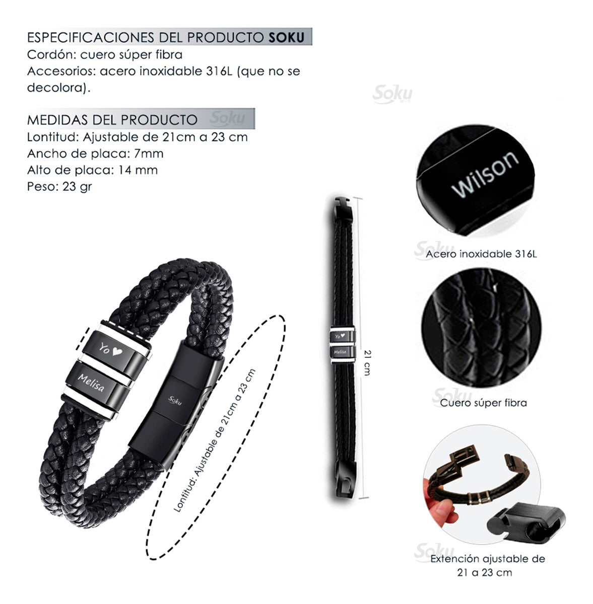 Soku Pulsera Personalizada Piel Acero Inoxidable Titanio