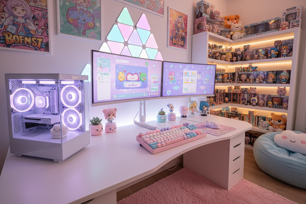 kawaii office with gamer tech background