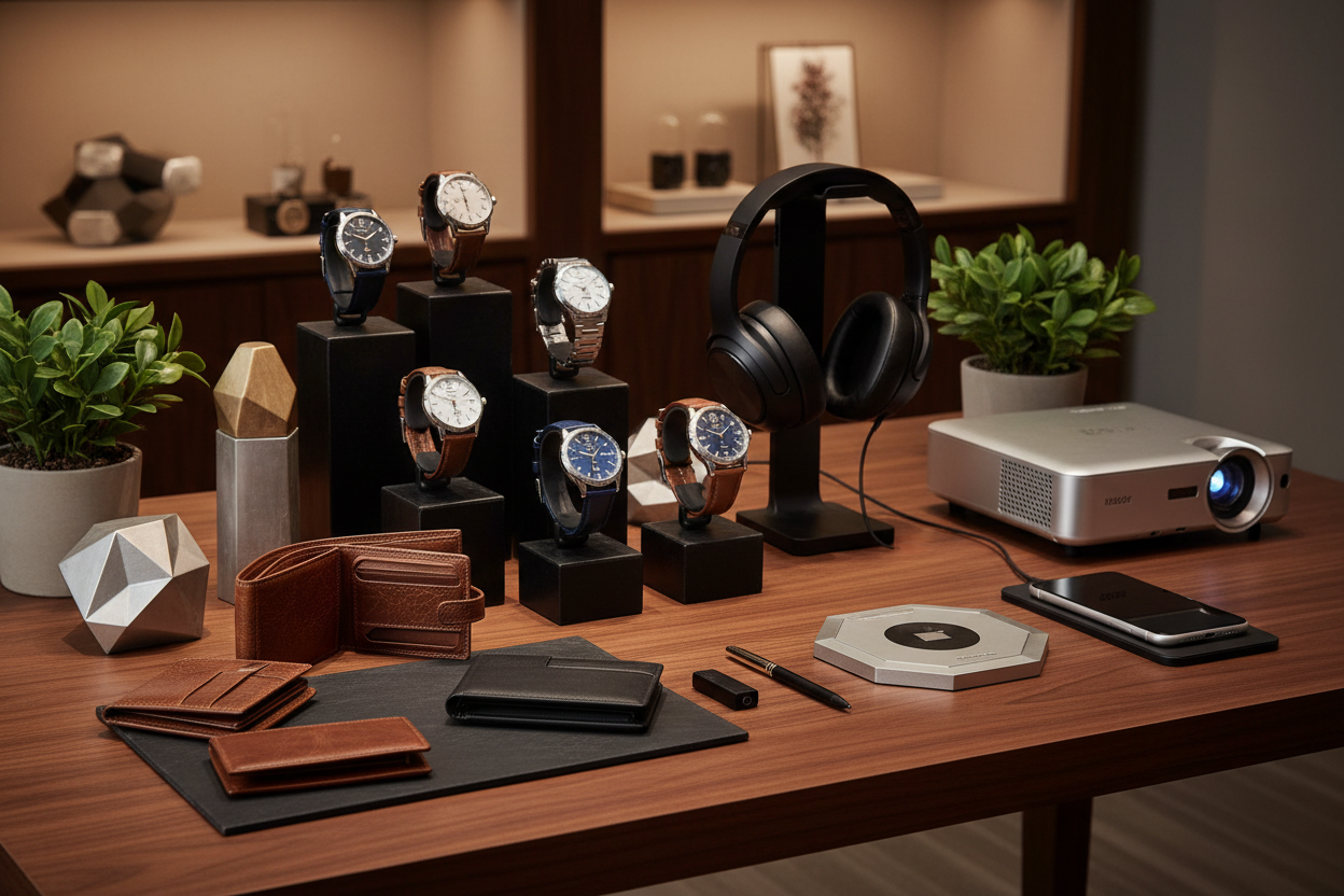 mesa de regalo para caballeros con carteras, relojes y electronica